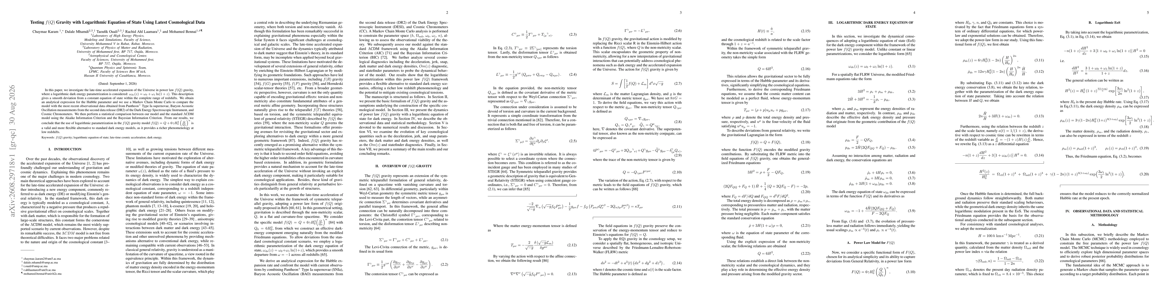 Thumbnail for Testing $f(Q)$ Gravity with Logarithmic Equation of State Using Latest Cosmological Data
