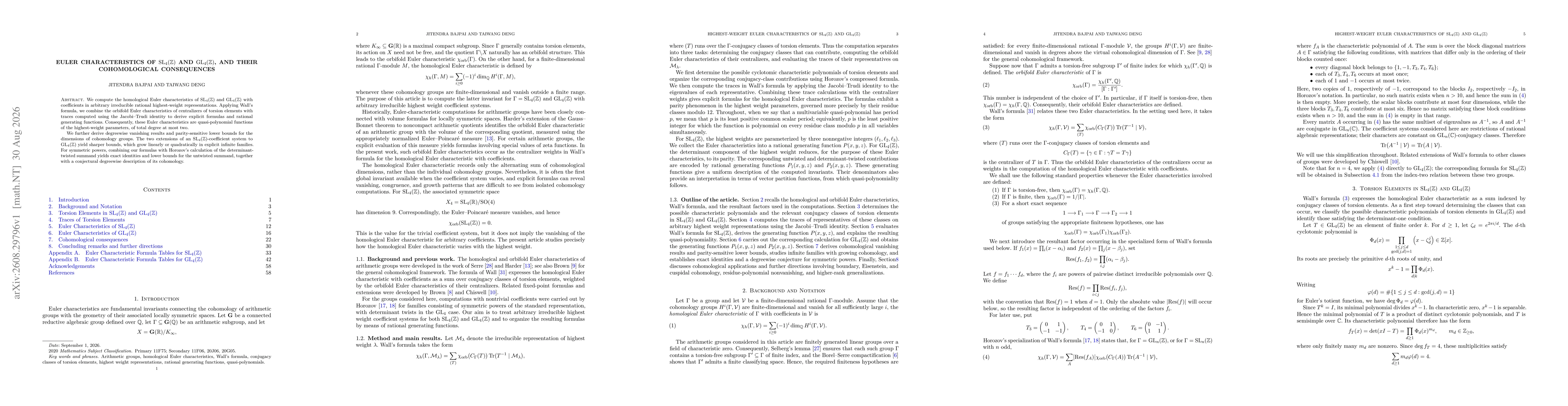 Thumbnail for Euler Characteristics of $\mathrm{SL}_4(\mathbb{Z})$ and $\mathrm{GL}_4(\mathbb{Z})$, and their cohomological consequences