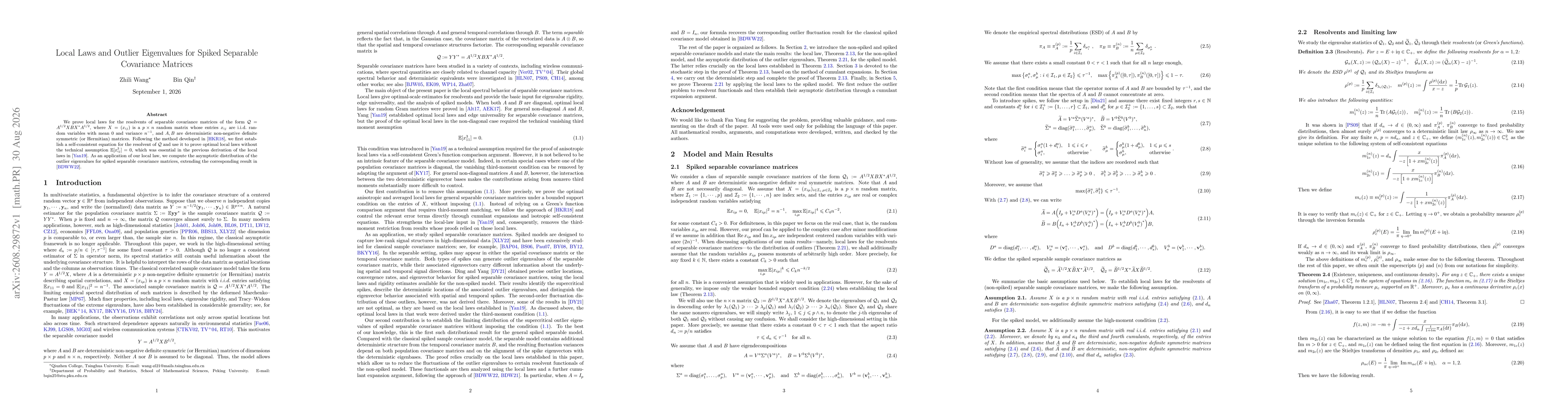 Thumbnail for Local Law and Outlier Eigenvalues of Spiked Separable Covariance Matrices