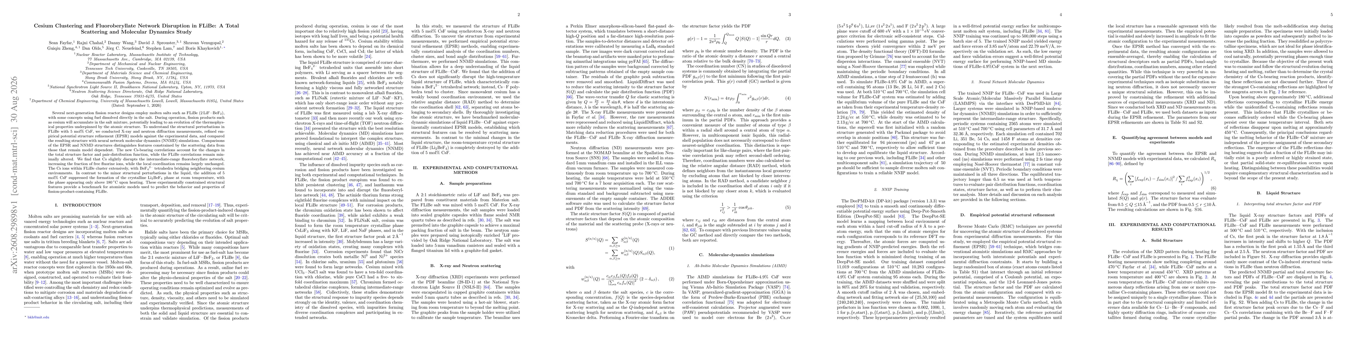 Thumbnail for Cesium Clustering and Fluoroberyllate Network Disruption in FLiBe: A Total Scattering and Molecular Dynamics Study