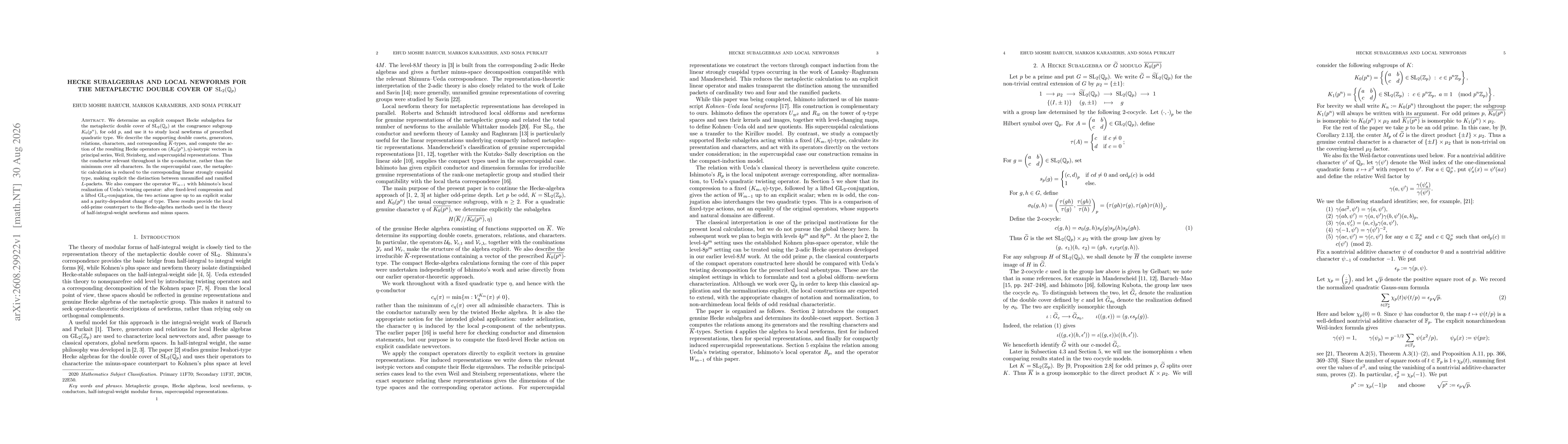 Thumbnail for Hecke Subalgebras and Local Newforms for the Metaplectic Double Cover of $\SL_2(\mathbb Q_p)$