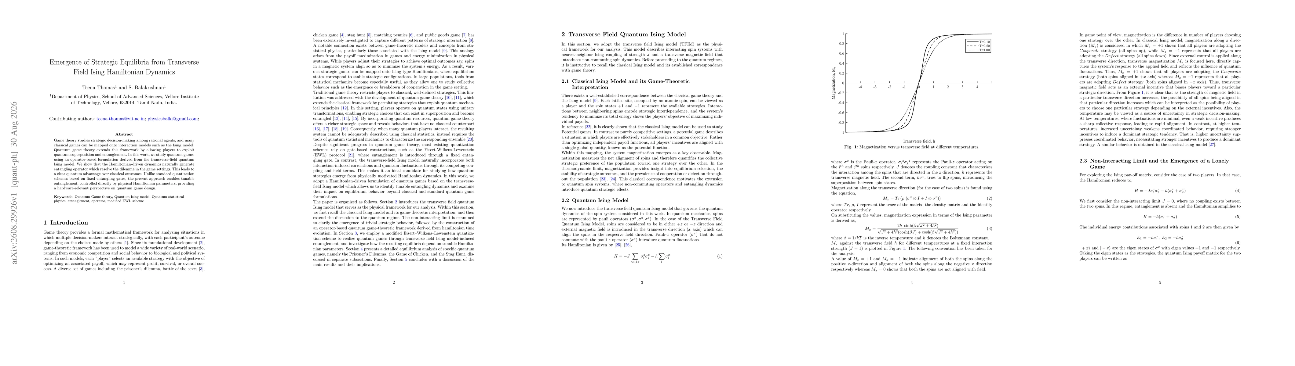 Thumbnail for Emergence of Strategic Equilibria from Transverse Field Ising Hamiltonian Dynamics