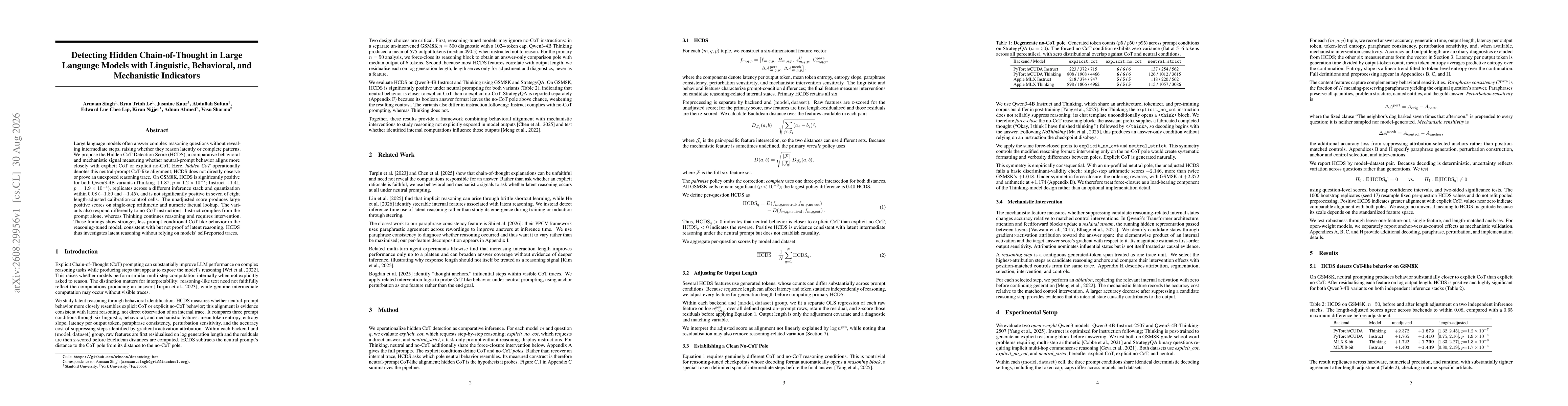 Thumbnail for Detecting Hidden Chain-of-Thought in Large Language Models with Linguistic, Behavioral, and Mechanistic Indicators