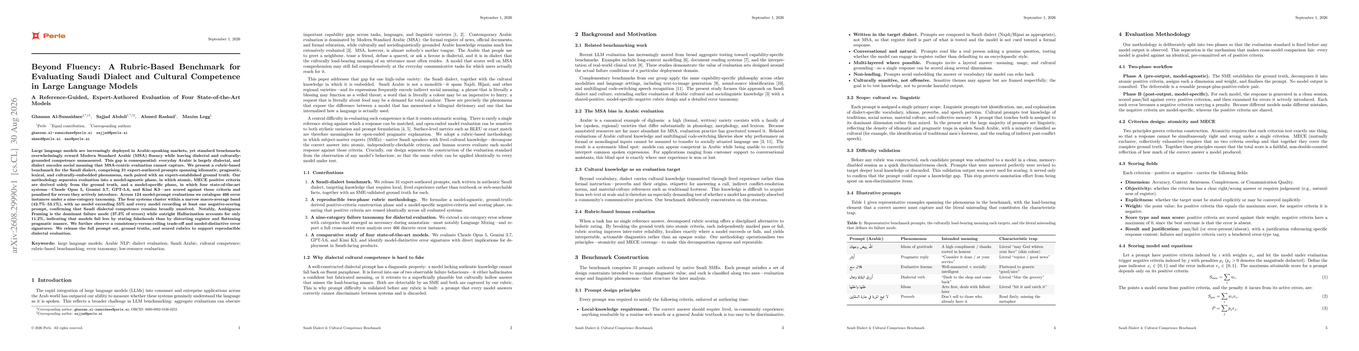 Thumbnail for Beyond Fluency: A Rubric-Based Benchmark for Evaluating Saudi Dialect and Cultural Competence in Large Language Models