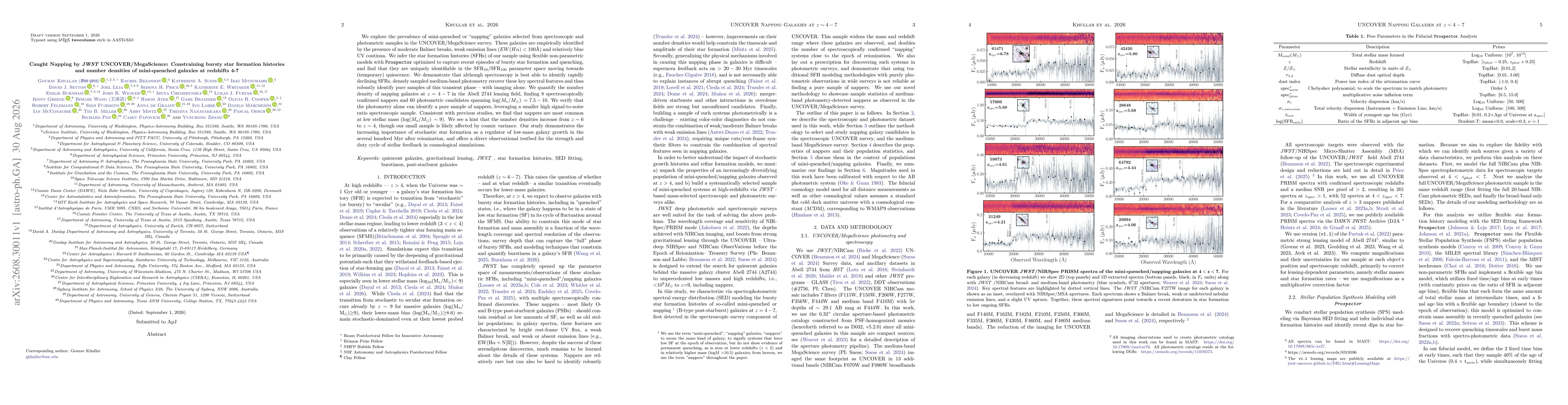 Thumbnail for Caught Napping by JWST UNCOVER+MegaScience: Constraining bursty star formation histories and number densities of mini-quenched galaxies at redshifts 4-7