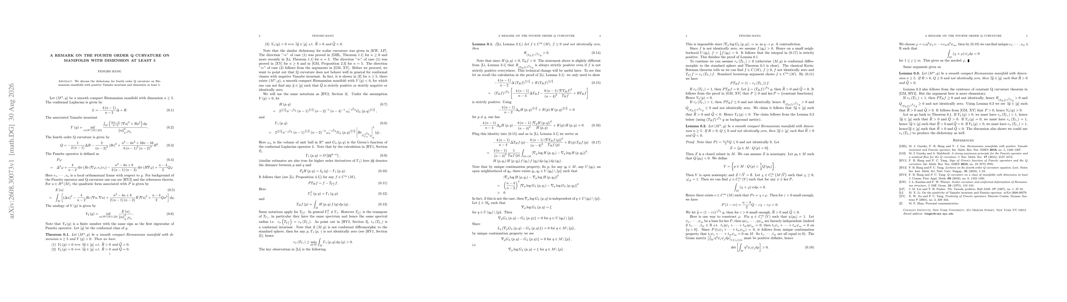 Thumbnail for A remark on the fourth order Q curvature on manifolds with dimension at least 5