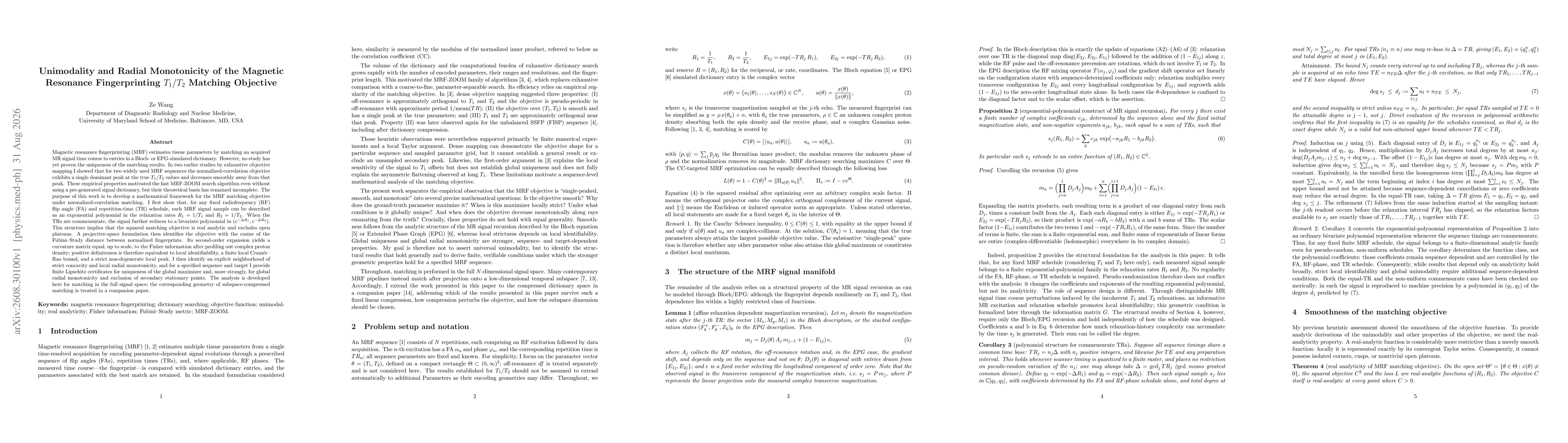 Thumbnail for Unimodality and Radial Monotonicity of the Magnetic Resonance Fingerprinting T1/T2 Matching Objective