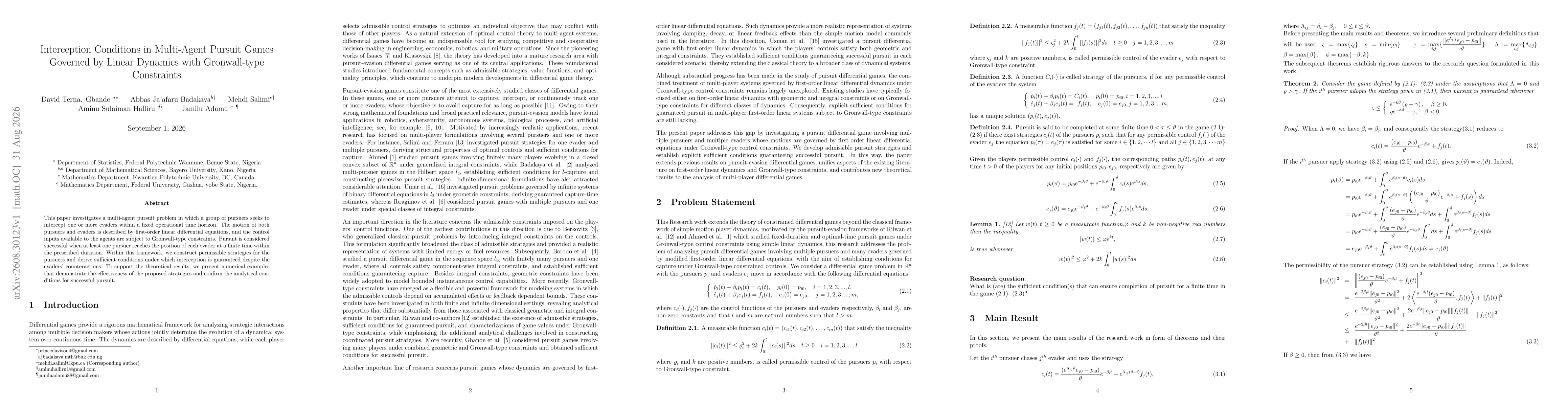 Thumbnail for Interception Conditions in Multi-Agent Pursuit Games Governed by Linear Dynamics with Gronwall-type Constraints