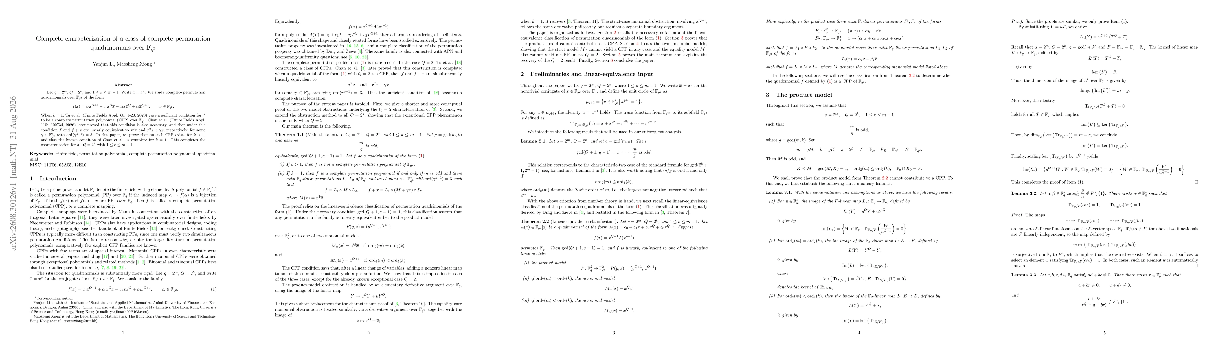 Thumbnail for Complete characterization of a class of complete permutation quadrinomials over \(\mathbb{F}_{q^2}\)