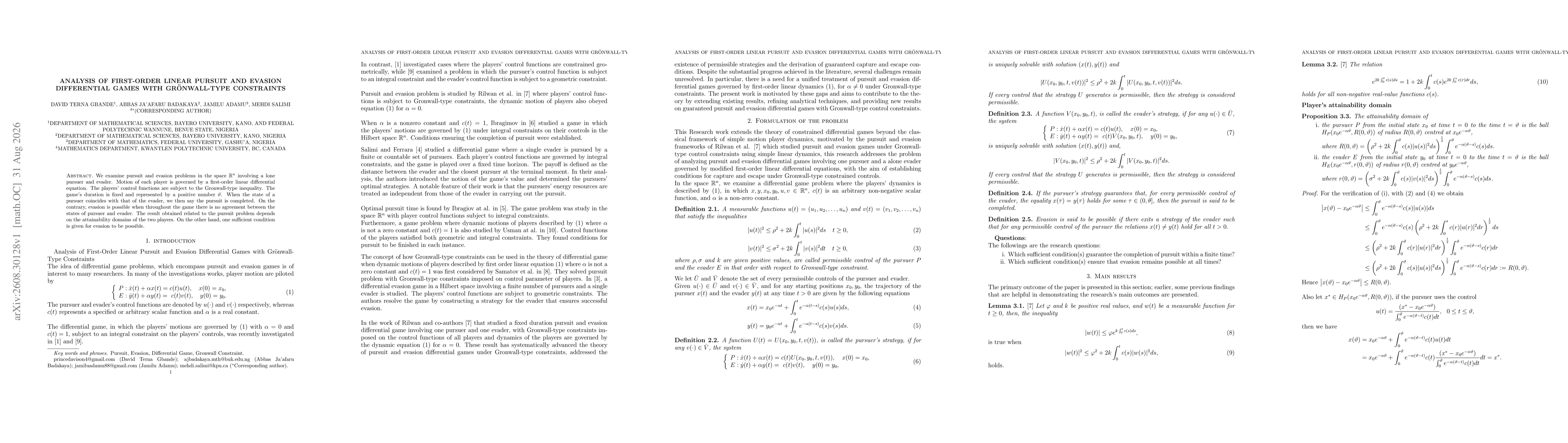 Thumbnail for Analysis of First-Order Linear Pursuit and Evasion Differential Games with Gronwall-Type Constraints