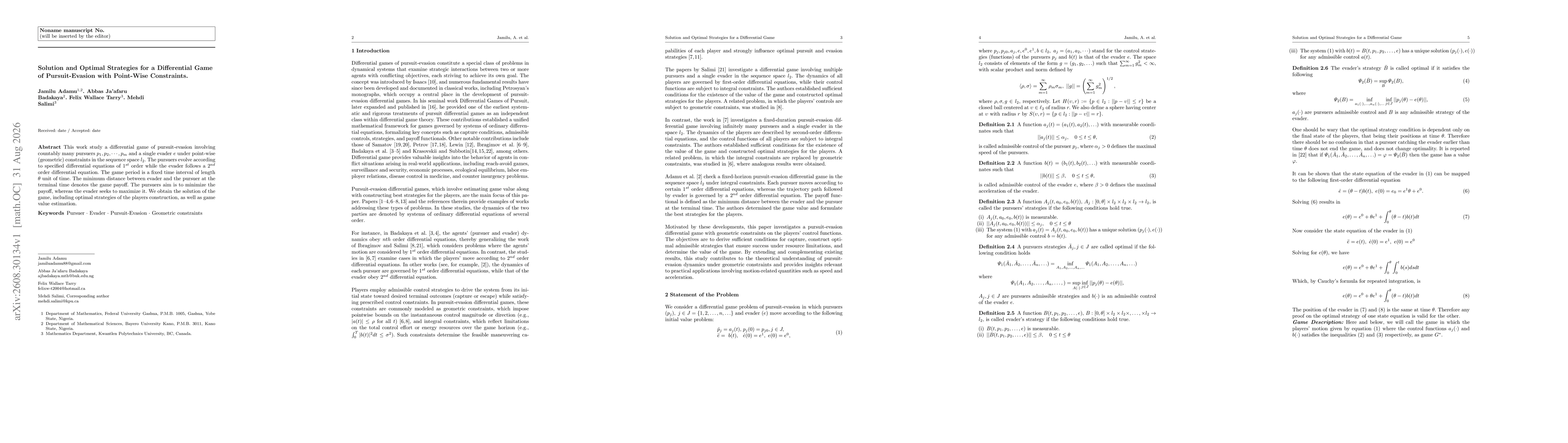 Thumbnail for Solution and Optimal Strategies for a Differential Game of Pursuit-Evasion with Point-Wise Constraints