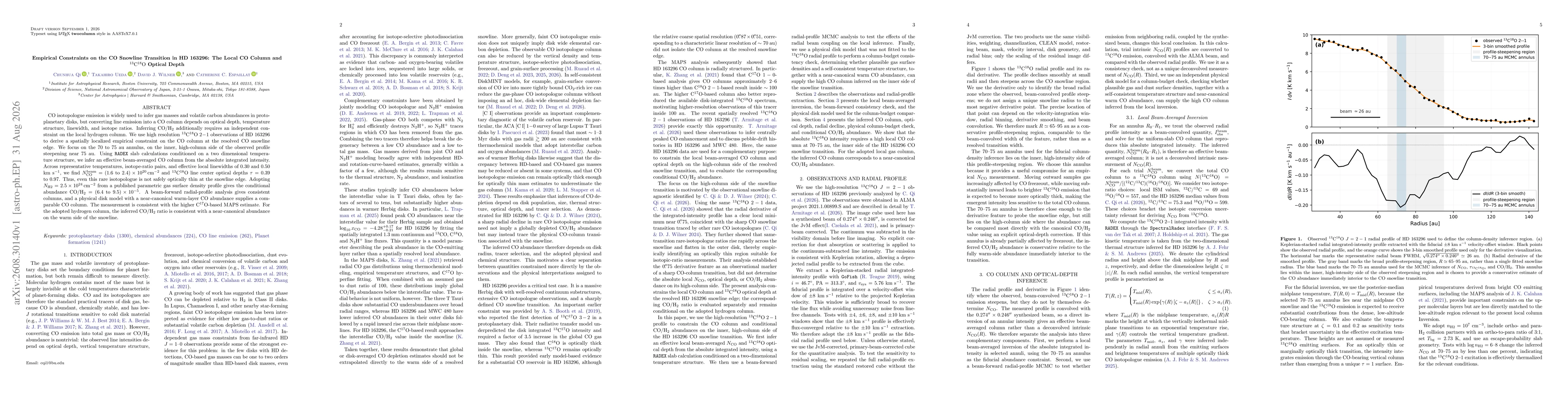 Thumbnail for Empirical Constraints on the CO Snowline Transition in HD 163296: The Local CO Column and $^{13}$C$^{18}$O Optical Depth