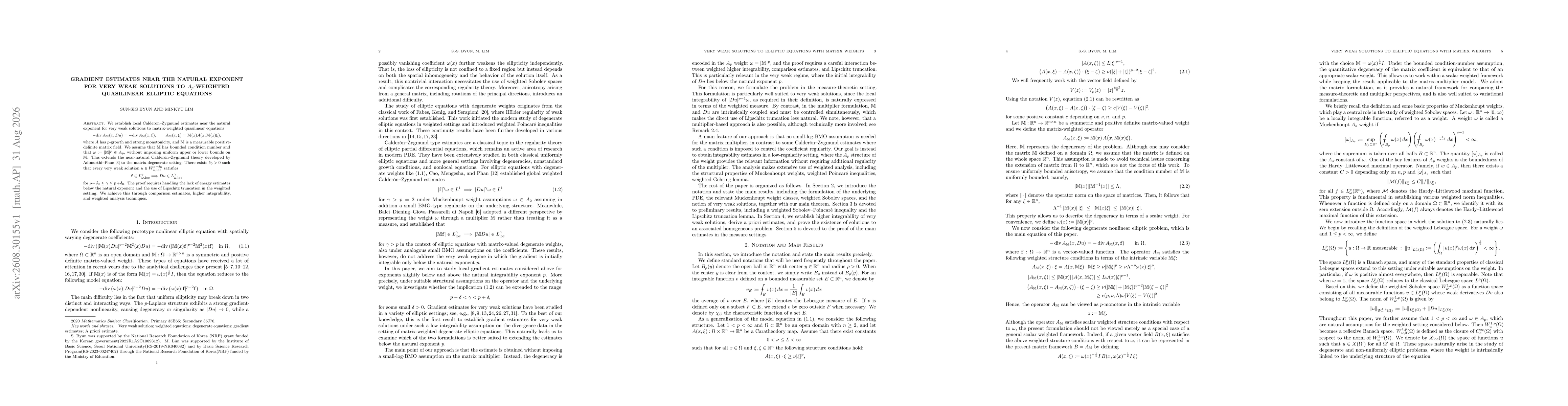 Thumbnail for Gradient Estimates Near the Natural Exponent for Very Weak Solutions to $A_p$-Weighted Quasilinear Elliptic Equations