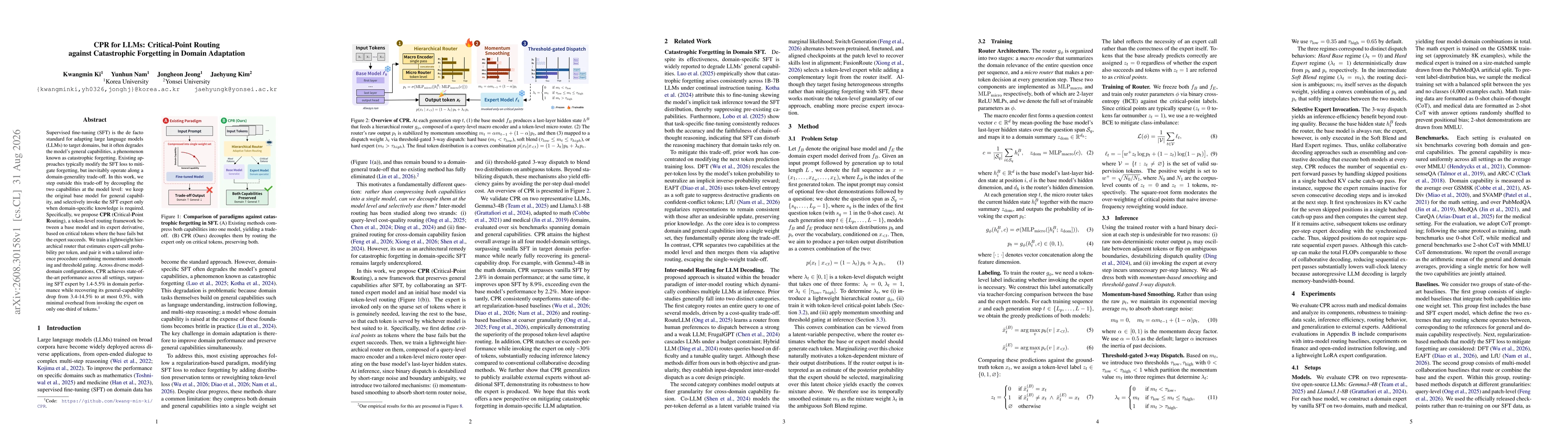 Thumbnail for CPR for LLMs: Critical-Point Routing against Catastrophic Forgetting in Domain Adaptation