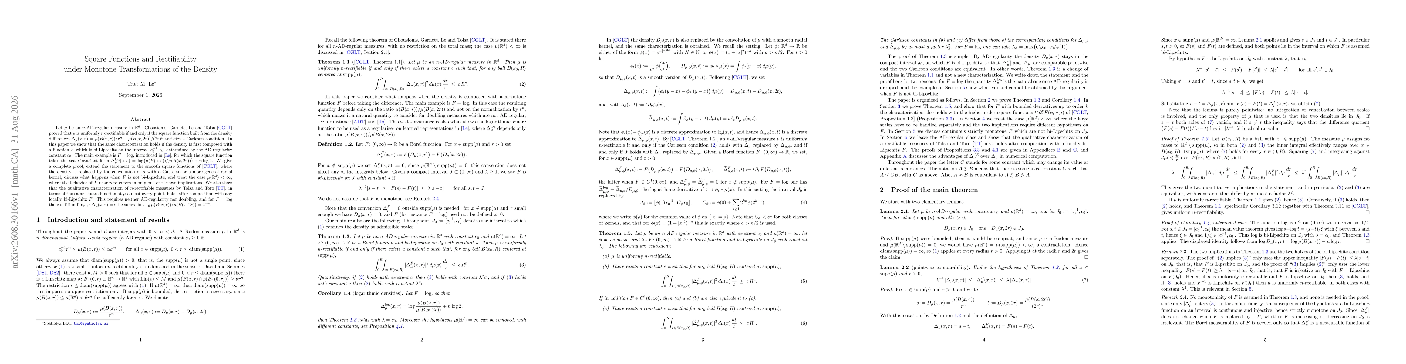 Thumbnail for Square Functions and Rectifiability under Monotone Transformations of the Density