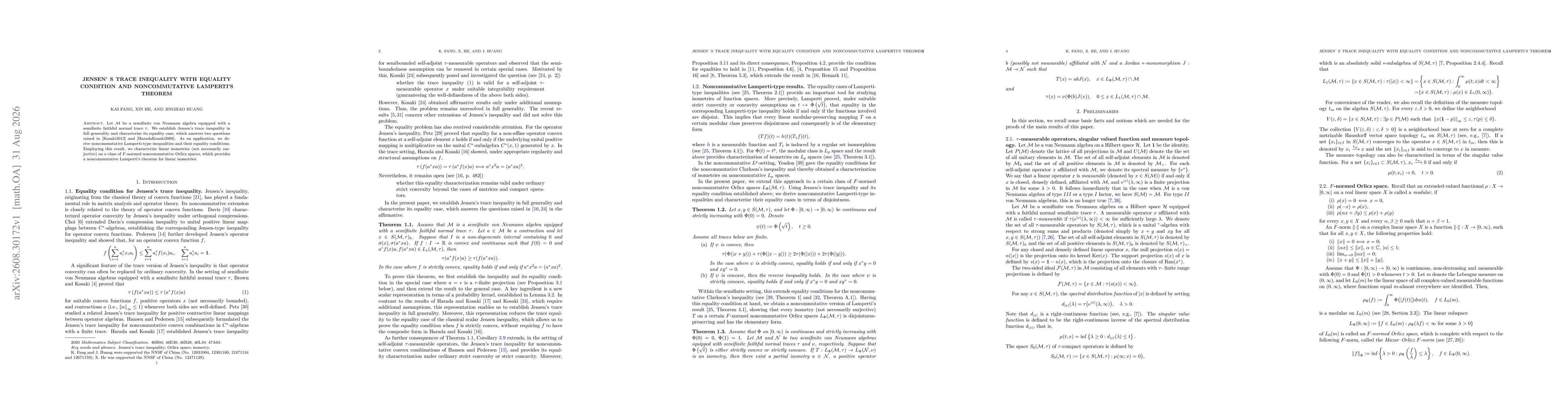 Thumbnail for Jensen' s trace inequality with equality condition and noncommutative Lamperti's theorem