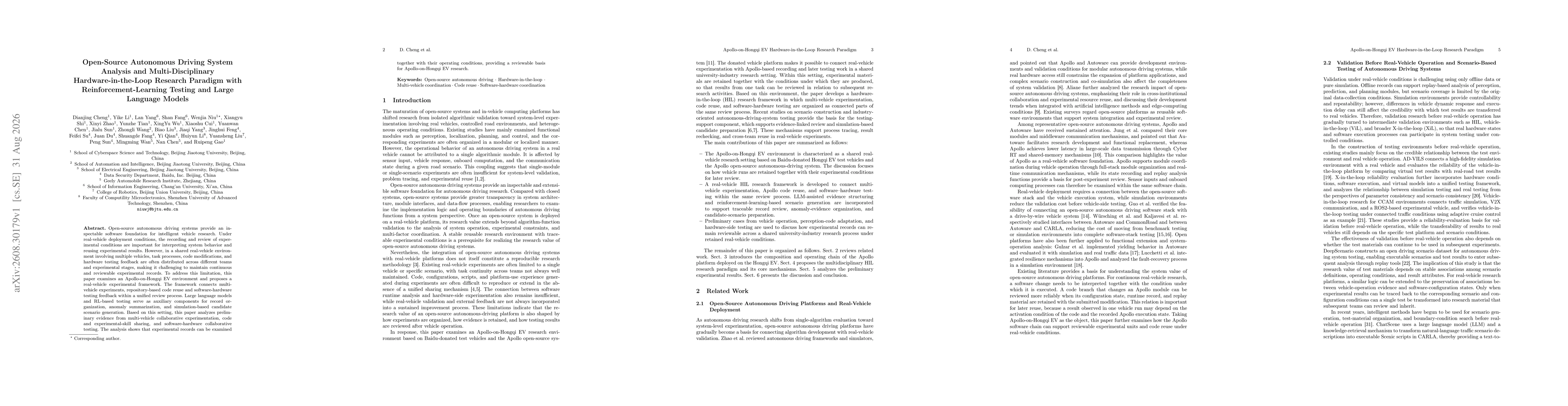 Thumbnail for Open-Source Autonomous Driving System Analysis and Multi-Disciplinary Hardware-in-the-Loop Research Paradigm with Reinforcement-Learning Testing and Large Language Models
