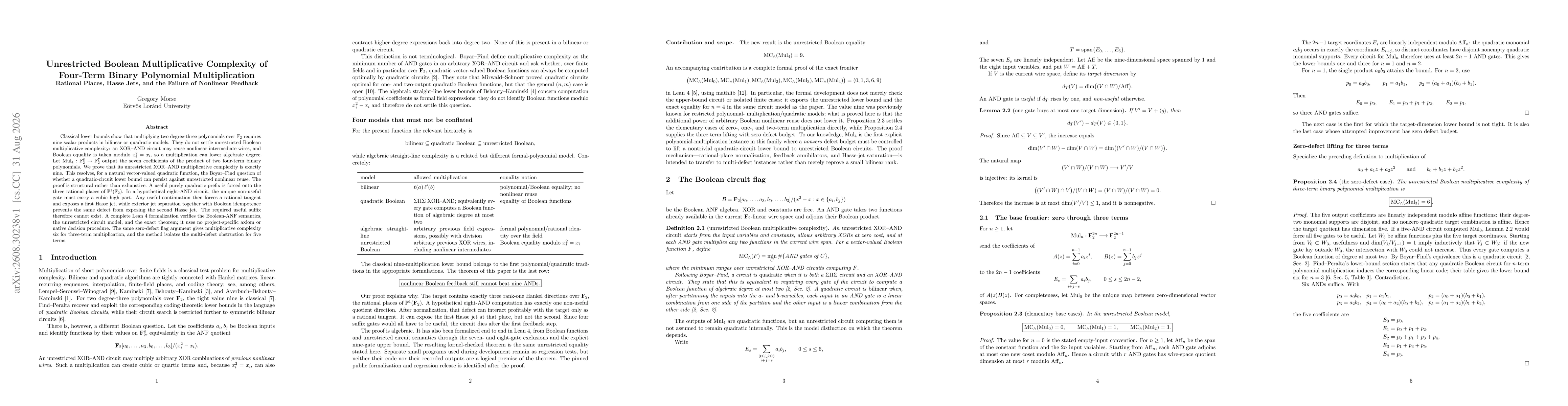 Thumbnail for Unrestricted Boolean Multiplicative Complexity of Four-Term Binary Polynomial Multiplication: Rational Places, Hasse Jets, and the Failure of Nonlinear Feedback