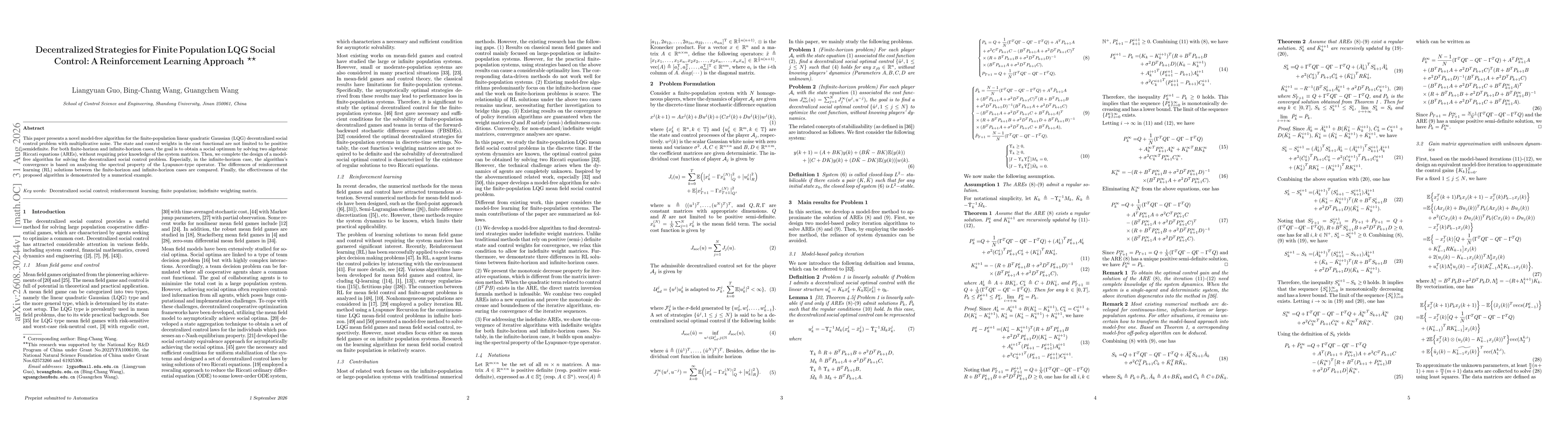 Thumbnail for Decentralized Strategies for Finite Population LQG Social Control: A Reinforcement Learning Approach