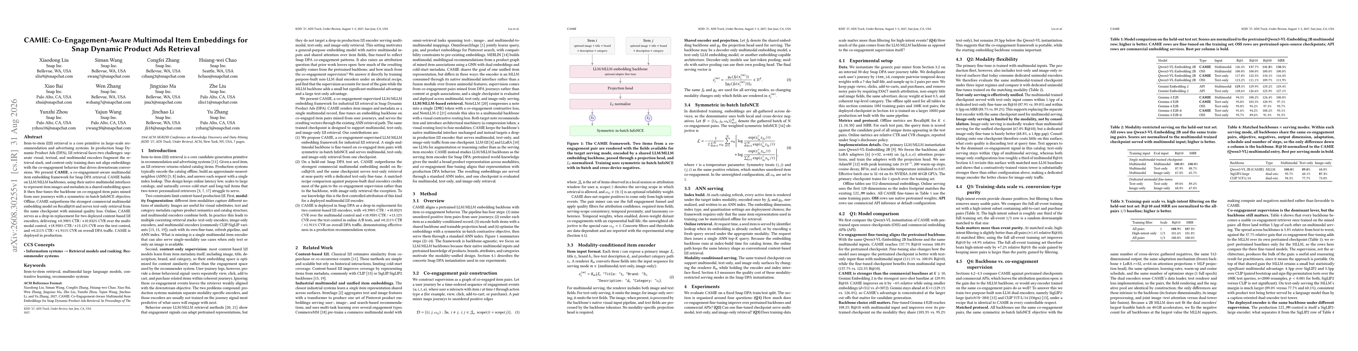 Thumbnail for CAMIE: Co-Engagement-Aware Multimodal Item Embeddings for Snap Dynamic Product Ads Retrieval