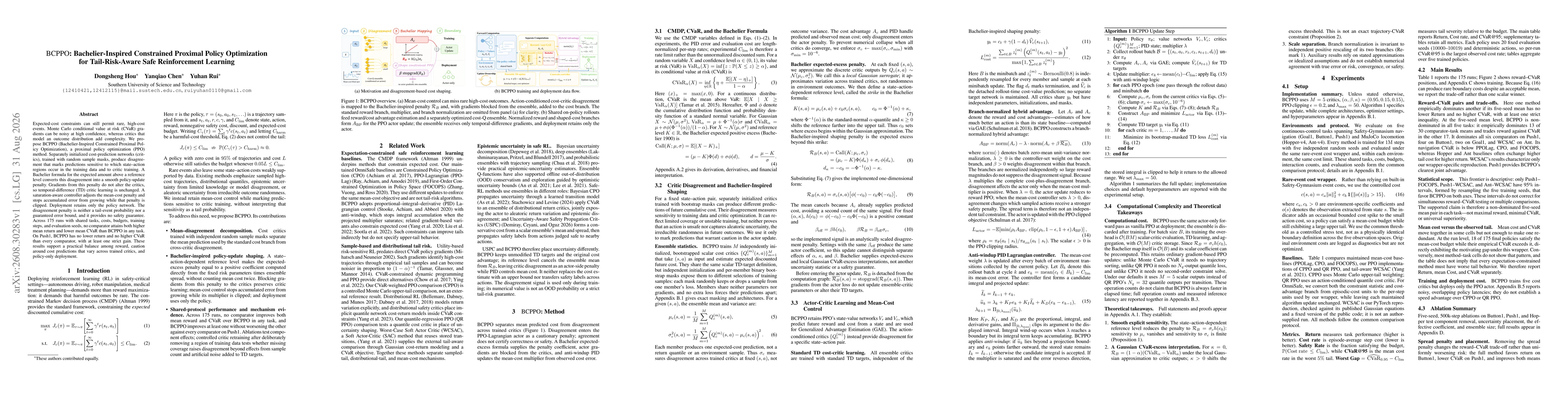 Thumbnail for BCPPO: Bachelier-Inspired Constrained Proximal Policy Optimization for Tail-Risk-Aware Safe Reinforcement Learning