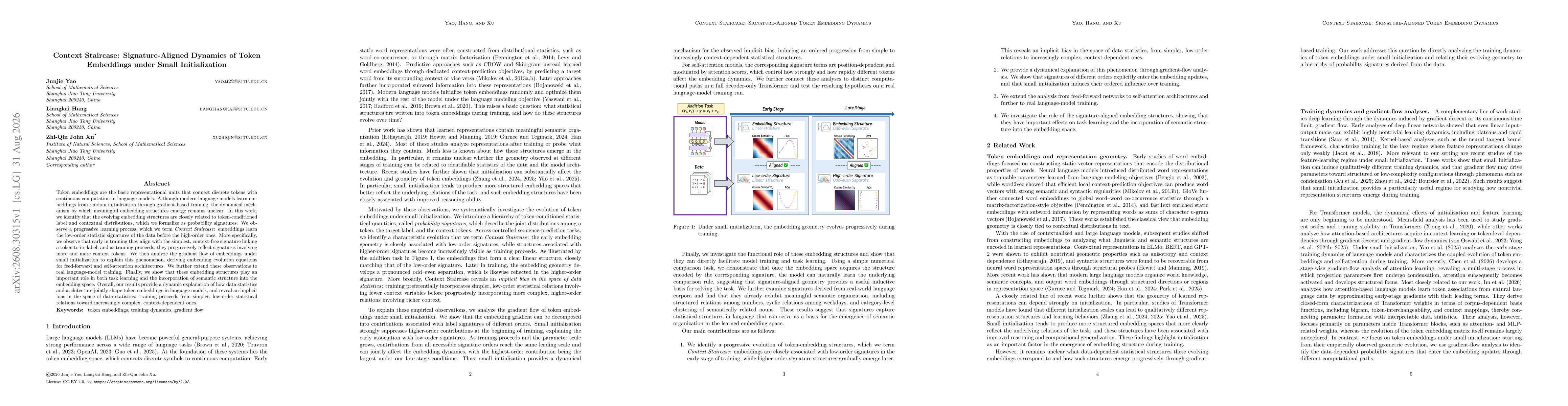 Thumbnail for Context Staircase: Signature-Aligned Dynamics of Token Embeddings under Small Initialization