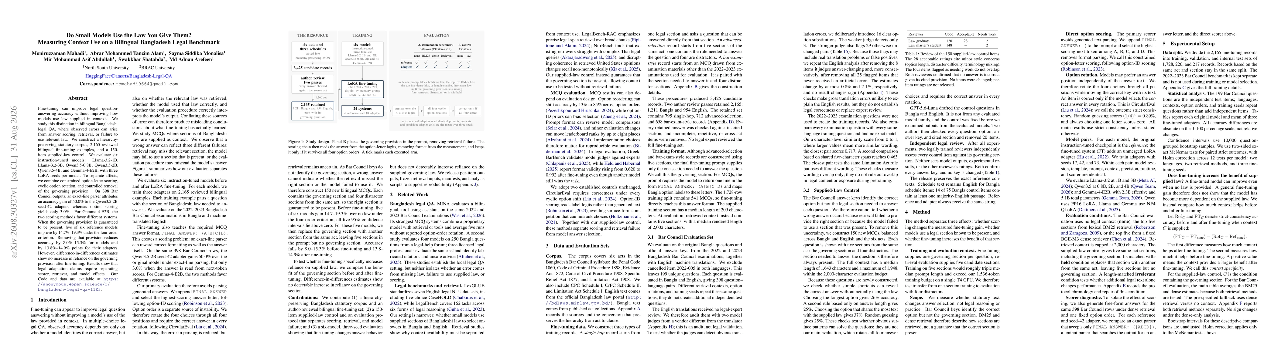 Thumbnail for Do Small Models Use the Law You Give Them? Measuring Context Use on a Bilingual Bangladesh Legal Benchmark
