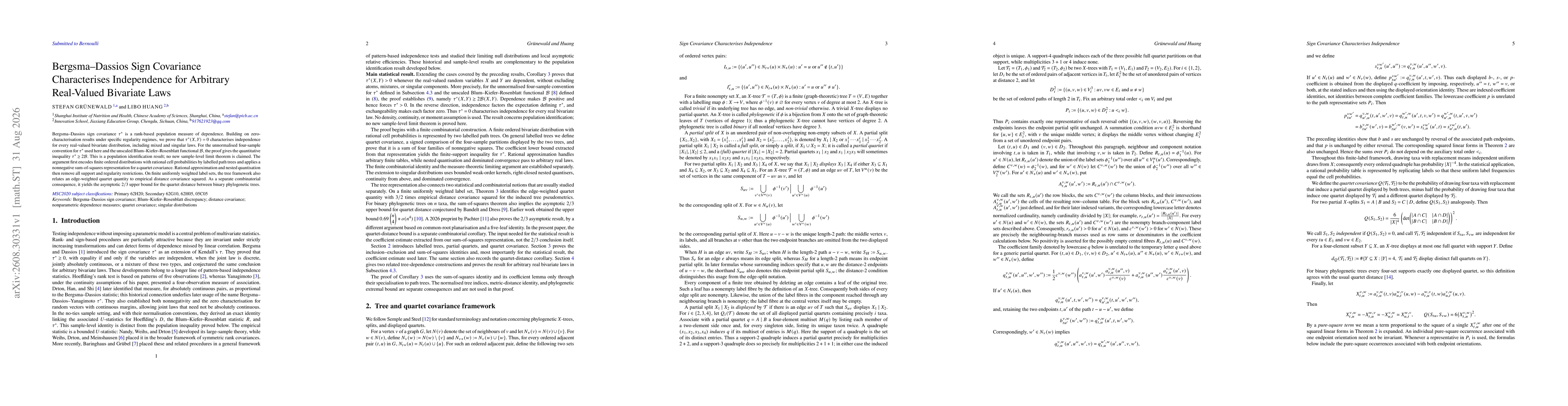 Thumbnail for Bergsma--Dassios Sign Covariance Characterises Independence for Arbitrary Real-Valued Bivariate Laws