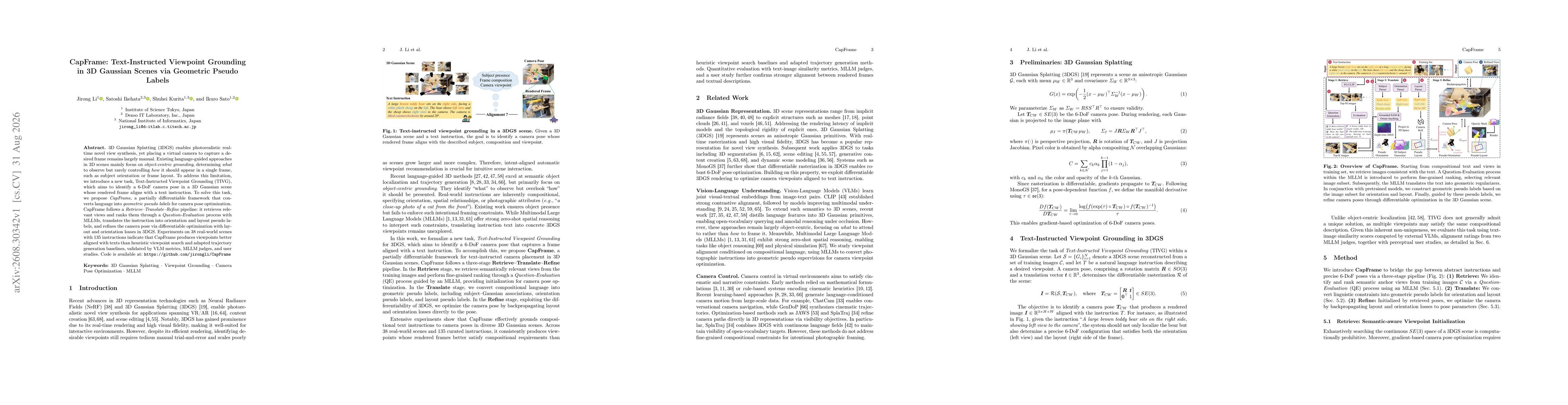 Thumbnail for CapFrame: Text-Instructed Viewpoint Grounding in 3D Gaussian Scenes via Geometric Pseudo Labels