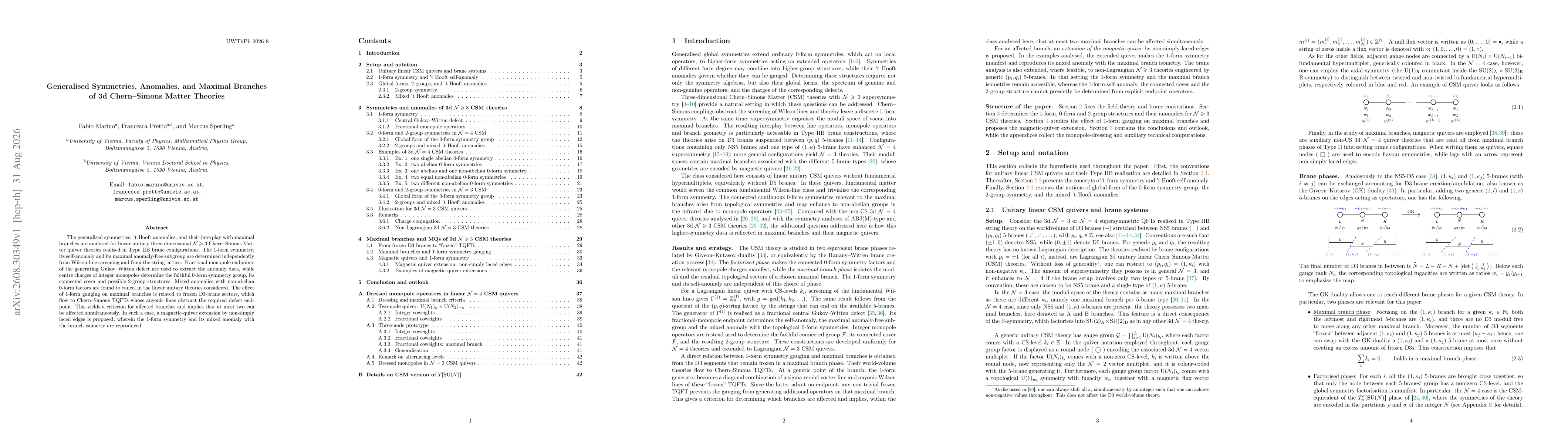Thumbnail for Generalised Symmetries, Anomalies, and Maximal Branches of 3d Chern-Simons Matter Theories