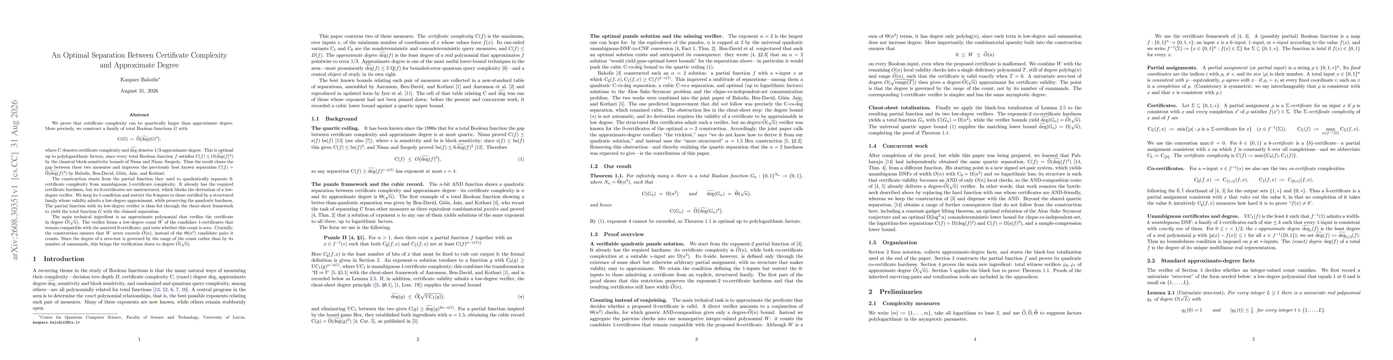 Thumbnail for An Optimal Separation Between Certificate Complexity and Approximate Degree