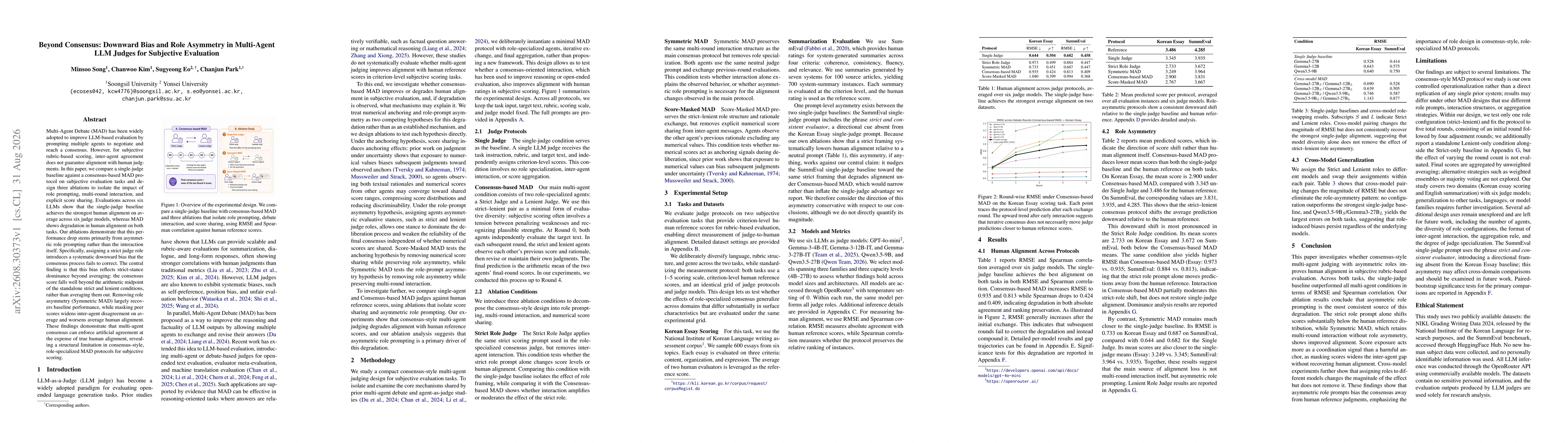 Thumbnail for Beyond Consensus: Downward Bias and Role Asymmetry in Multi-Agent LLM Judges for Subjective Evaluation