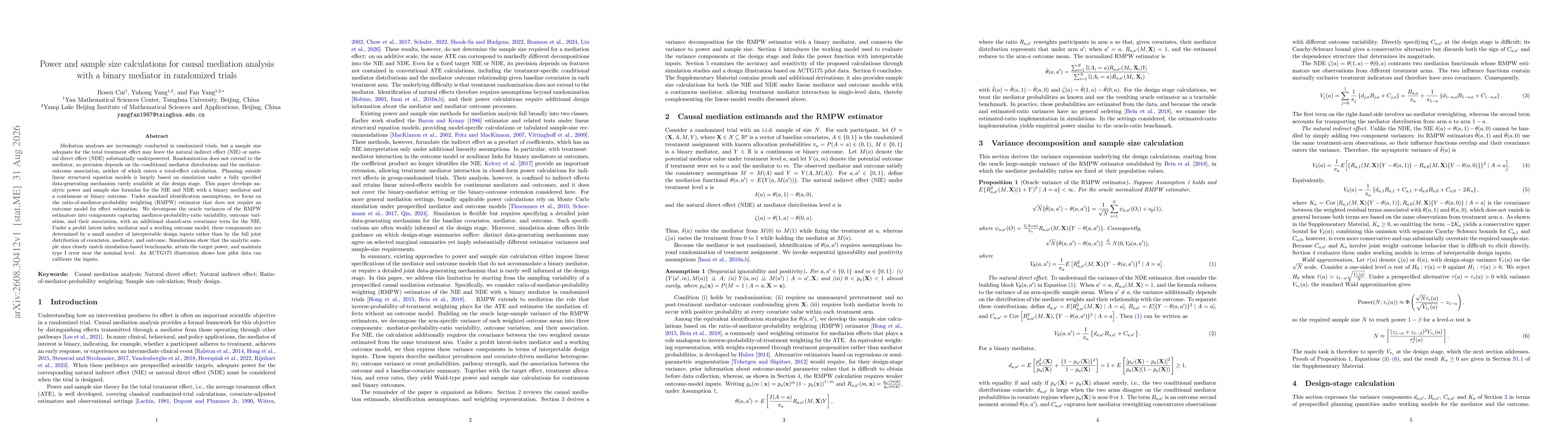 Thumbnail for Power and sample size calculations for causal mediation analysis with a binary mediator in randomized trials