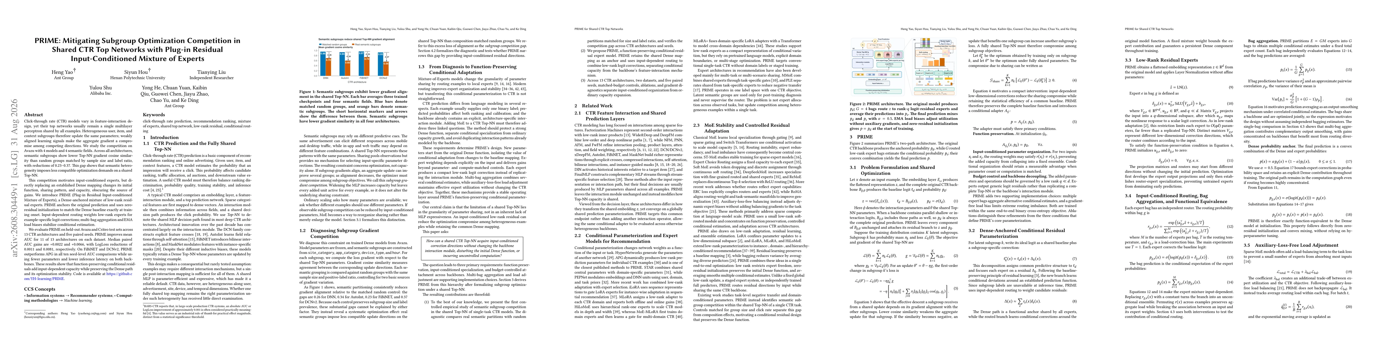 Thumbnail for PRIME: Mitigating Subgroup Optimization Competition in Shared CTR Top Networks with Plug-in Residual Input-Conditioned Mixture of Expert