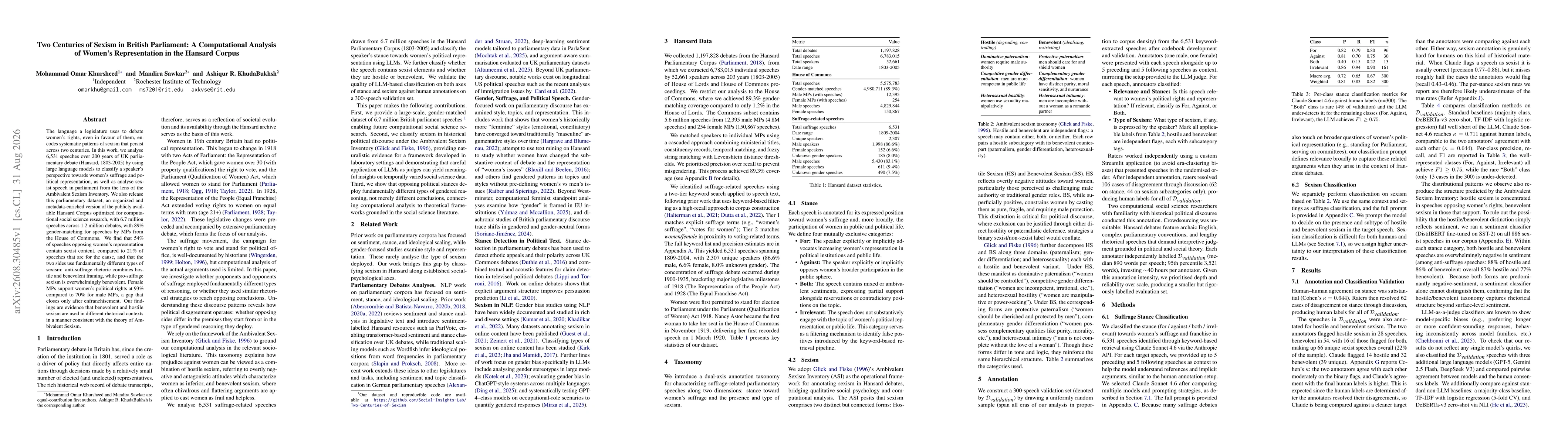 Thumbnail for Two Centuries of Sexism in British Parliament: A Computational Analysis of Women's Representation in the Hansard Corpus