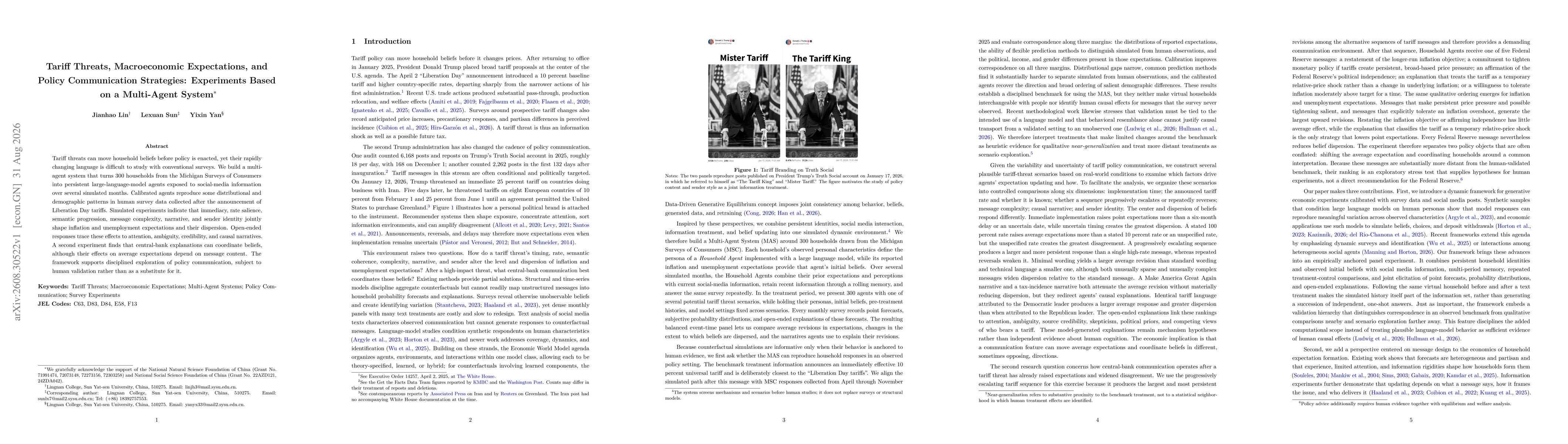 Thumbnail for Tariff Threats, Macroeconomic Expectations, and Policy Communication Strategies: Experiments Based on a Multi-Agent System