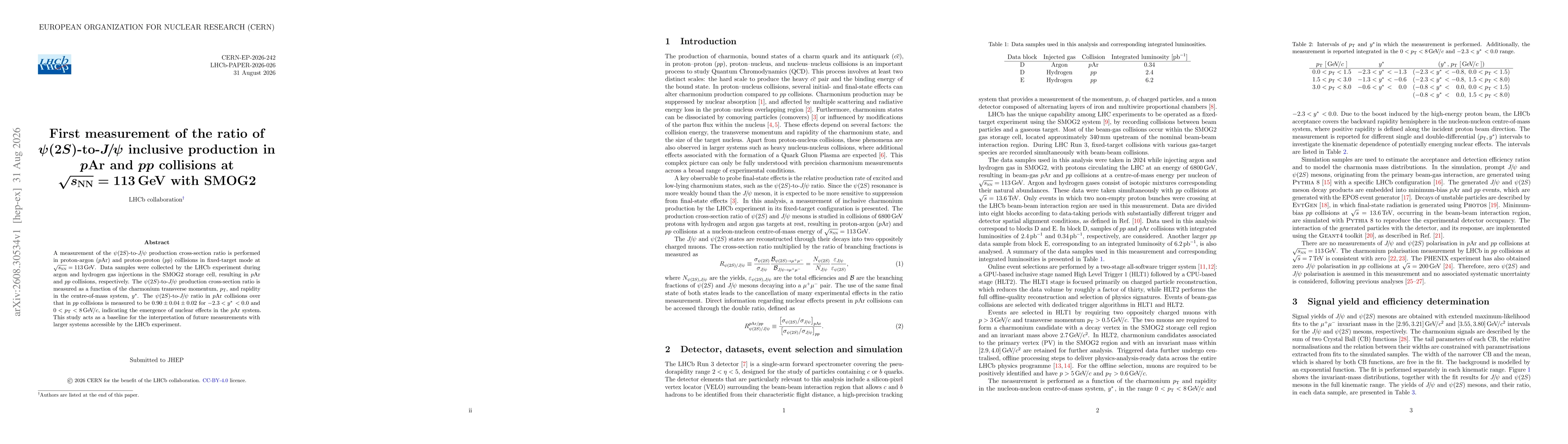 Thumbnail for First measurement of the ratio of $ψ(2S)$-to-$J/ψ$ inclusive production in $p\mathrm{Ar}$ and $pp$ collisions at $\sqrt{s_{\mathrm{NN}}} =113\,\mathrm{GeV}$ with SMOG2