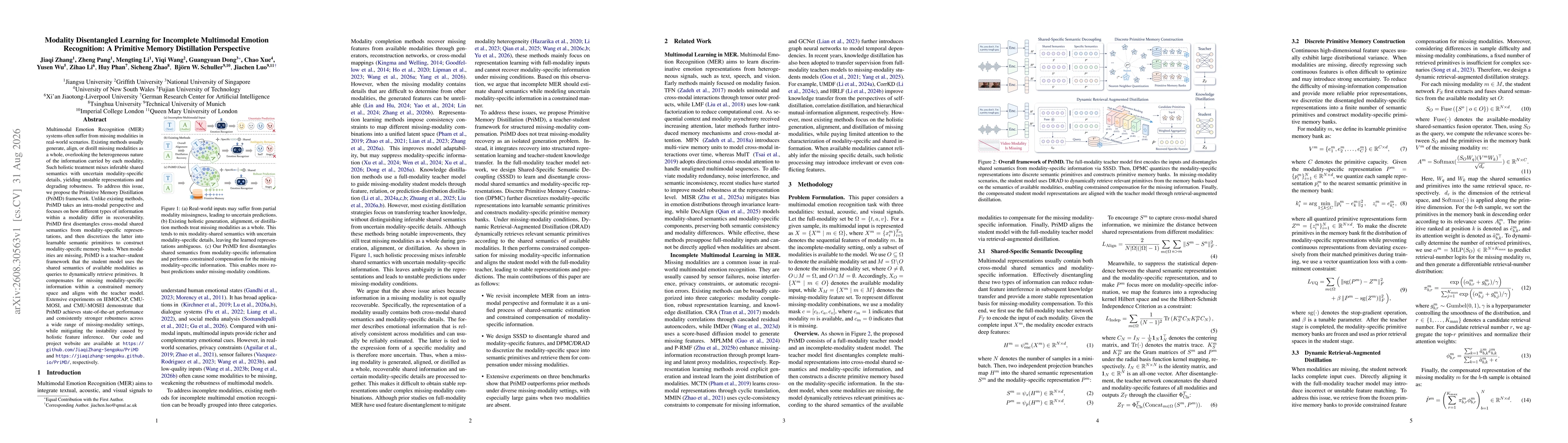 Thumbnail for Modality Disentangled Learning for Incomplete Multimodal Emotion Recognition: A Primitive Memory Distillation Perspective