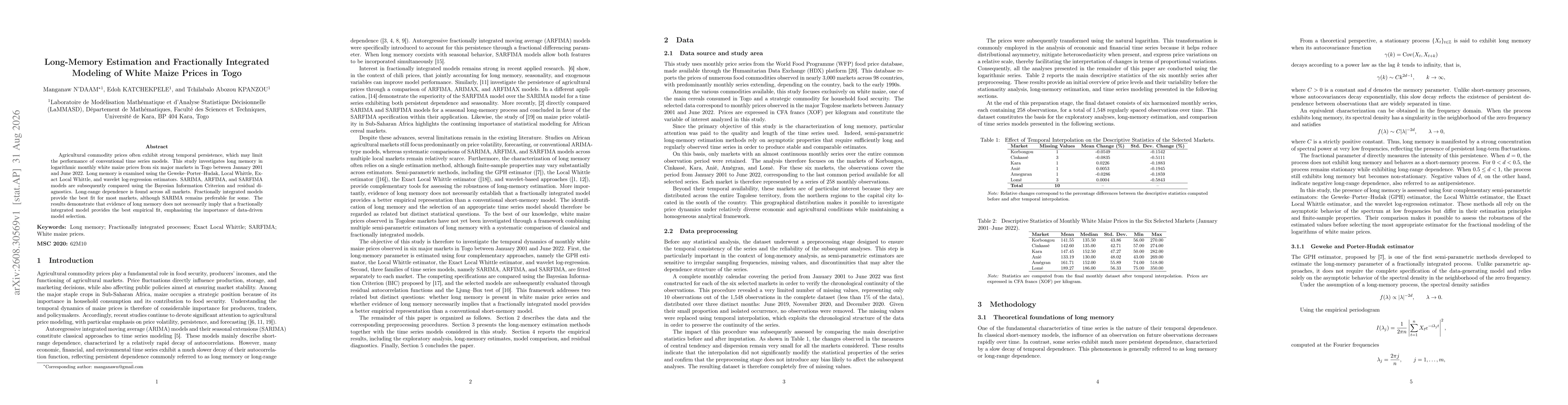 Thumbnail for Long-Memory Estimation and Fractionally Integrated Modeling of White Maize Prices in Togo