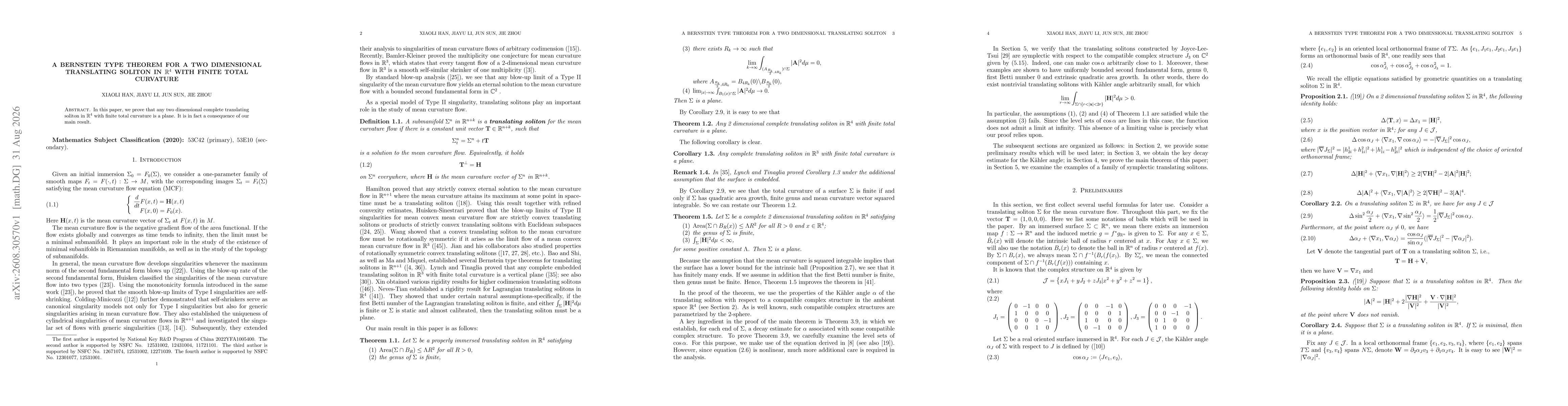 Thumbnail for A Bernstein type theorem for a two dimensional translating soliton in ${\mathbb R}^4$ with finite total curvature
