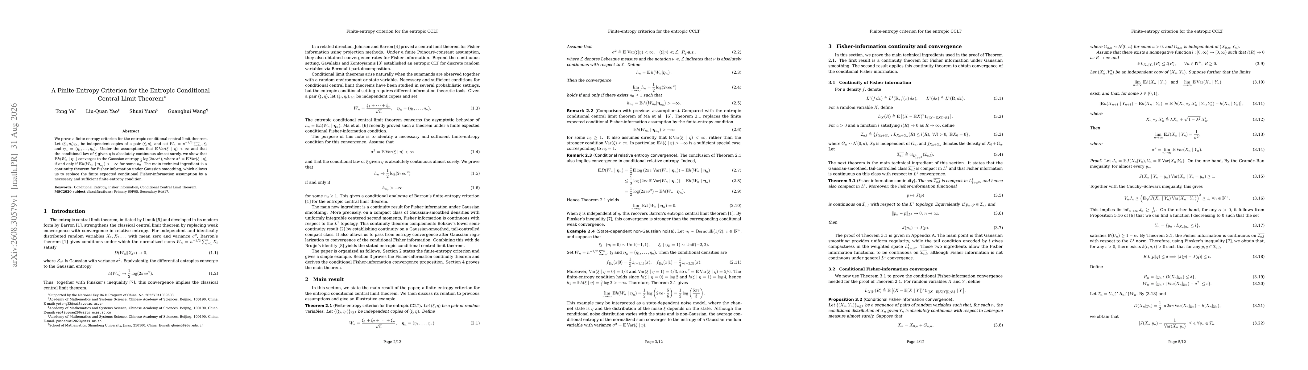 Thumbnail for A Finite-Entropy Criterion for the Entropic Conditional Central Limit Theorem