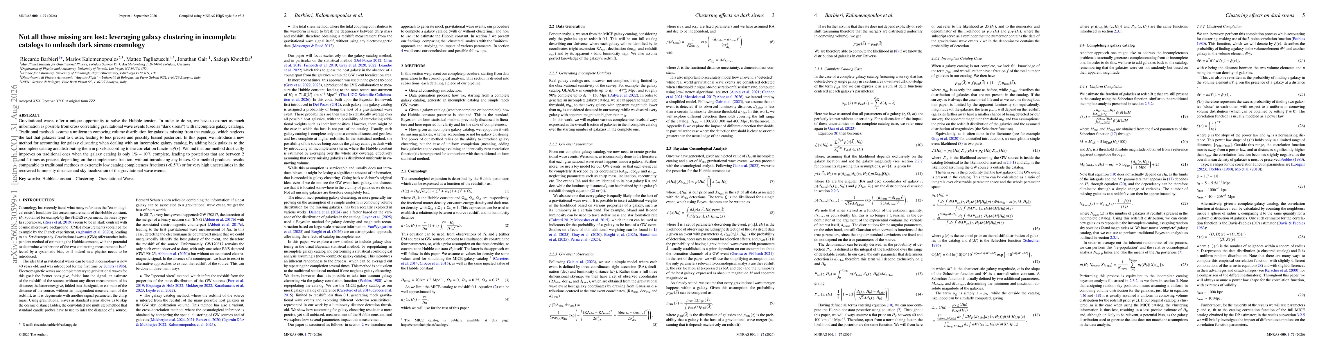 Thumbnail for Not all those missing are lost: leveraging galaxy clustering in incomplete catalogs to unleash dark sirens cosmology