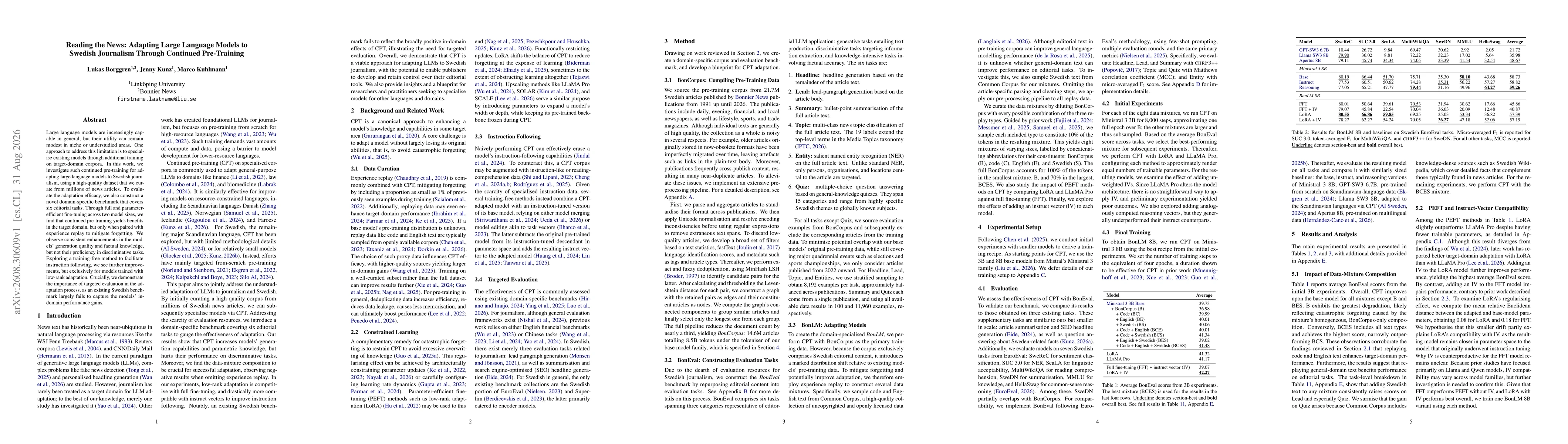Thumbnail for Reading the News: Adapting Large Language Models to Swedish Journalism Through Continued Pre-Training