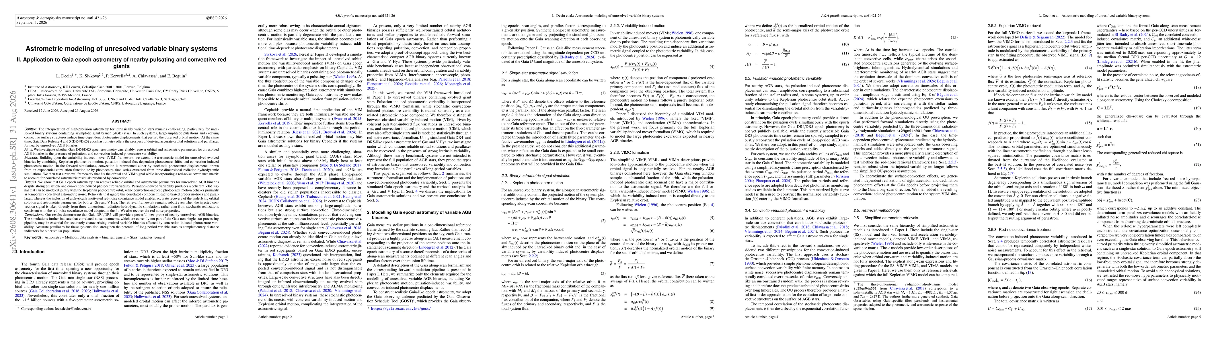 Thumbnail for Astrometric modeling of unresolved variable binary systems. II. Application to Gaia epoch astrometry of nearby pulsating and convective red giants