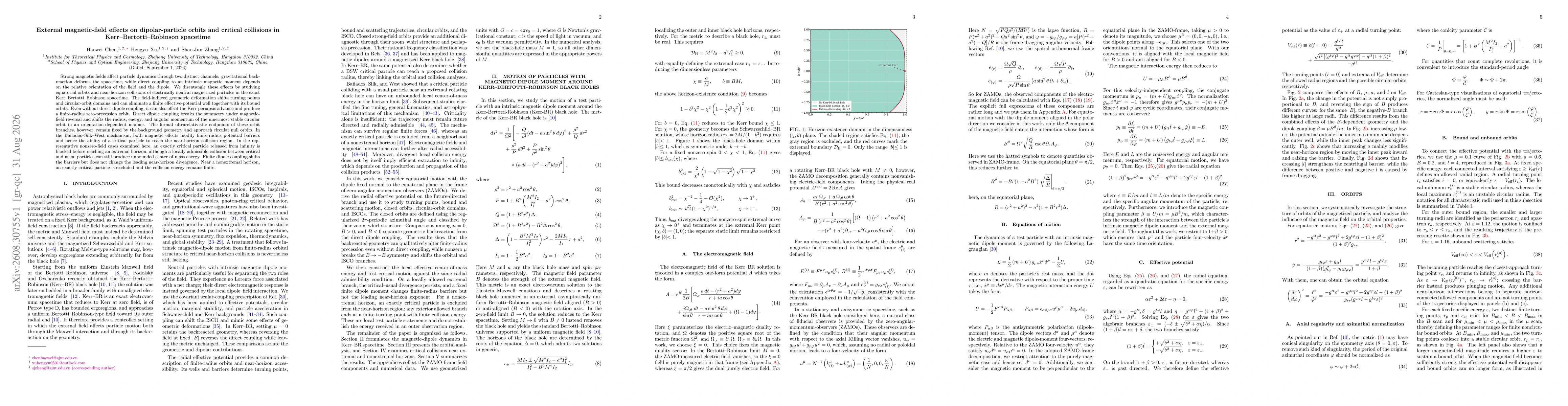 Thumbnail for External magnetic-field effects on dipolar-particle orbits and critical collisions in Kerr--Bertotti--Robinson spacetime