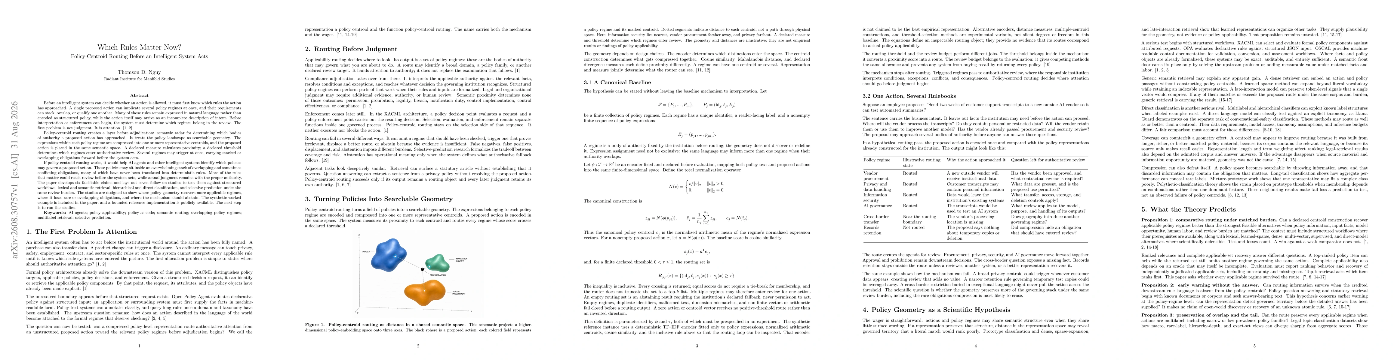 Thumbnail for Which Rules Matter Now? Policy-Centroid Routing Before an Intelligent System Acts