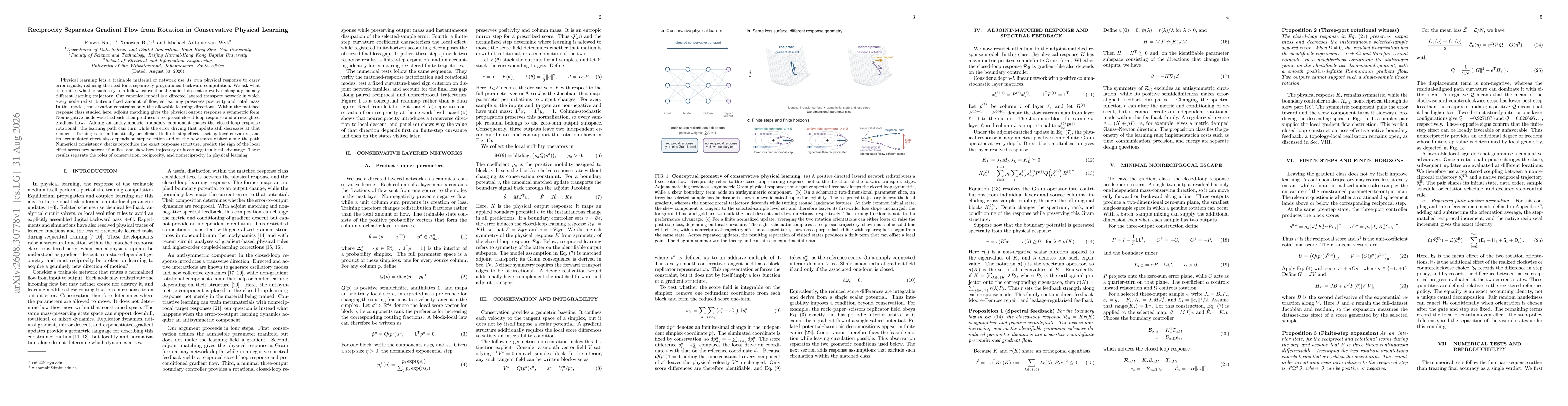 Thumbnail for Reciprocity Separates Gradient Flow from Rotation in Conservative Physical Learning