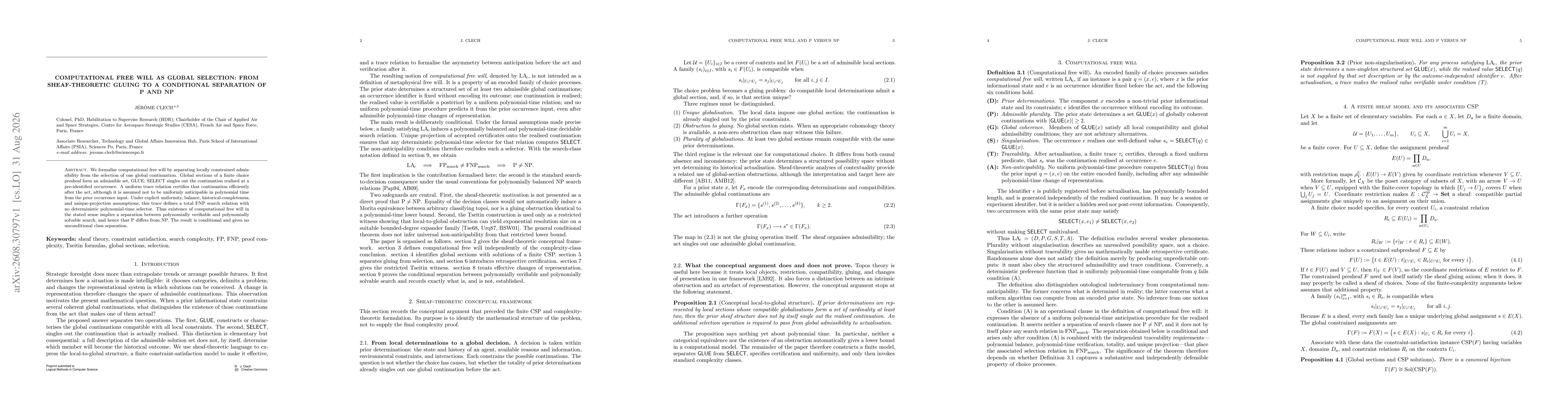 Thumbnail for Computational free will as global selection: from sheaf-theoretic gluing to a conditional separation of P and NP