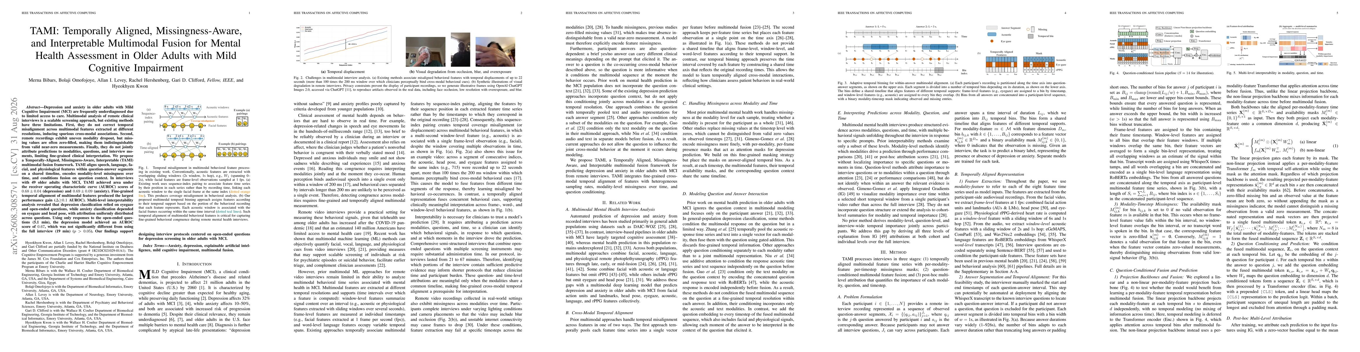 Thumbnail for TAMI: Temporally Aligned, Missingness-Aware, and Interpretable Multimodal Fusion for Mental Health Assessment in Older Adults with Mild Cognitive Impairment