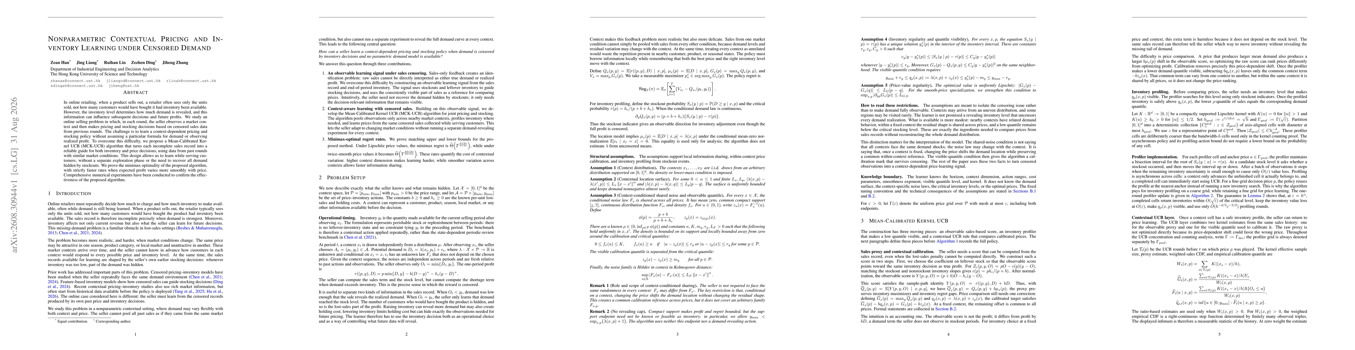Thumbnail for Nonparametric Contextual Pricing and Inventory Learning under Censored Demand